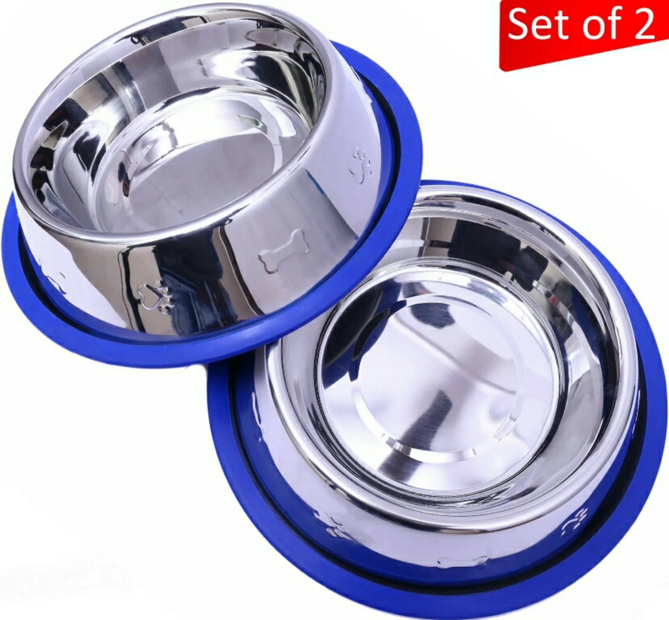 Set of two stainless steel bowls with blue rubber rims on a white background