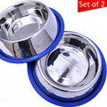Set of two stainless steel bowls with blue rubber rims on a white background