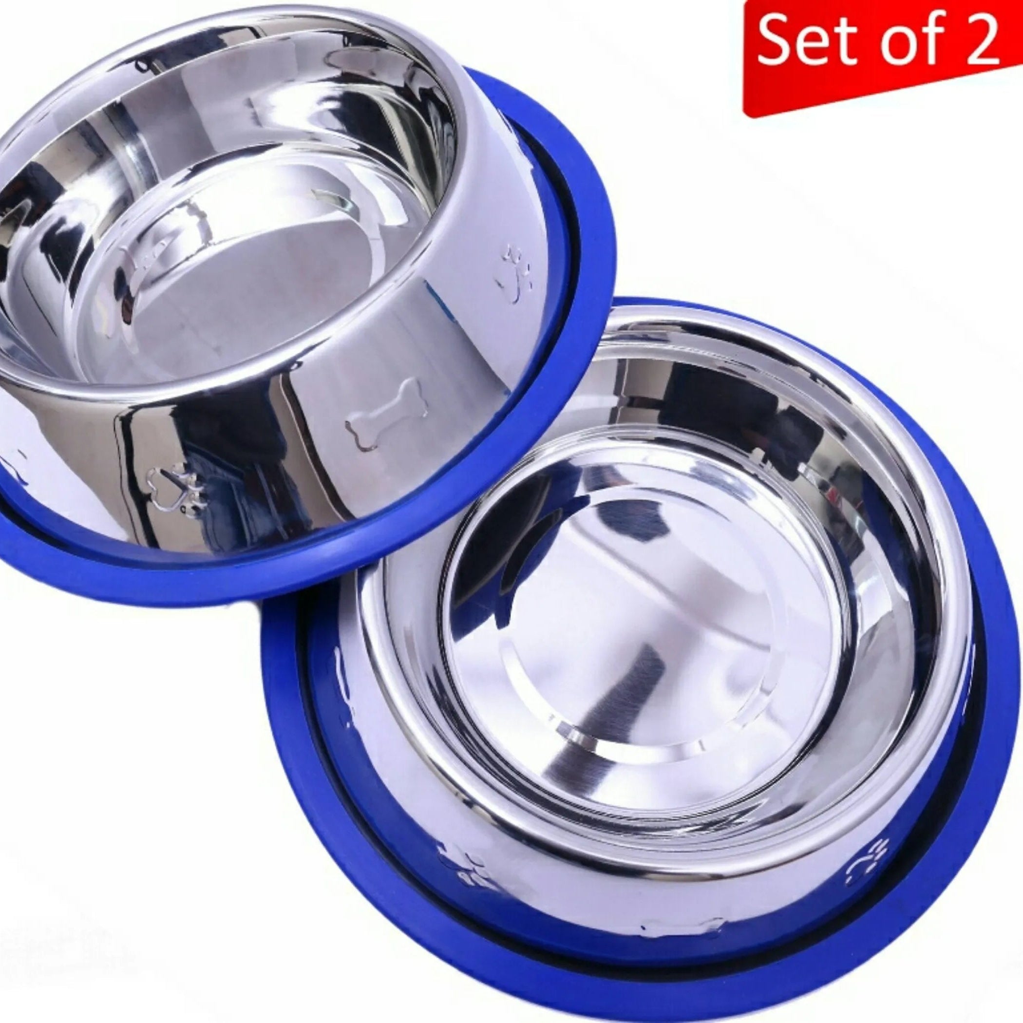 Set of two stainless steel bowls with blue rubber rims on a white background