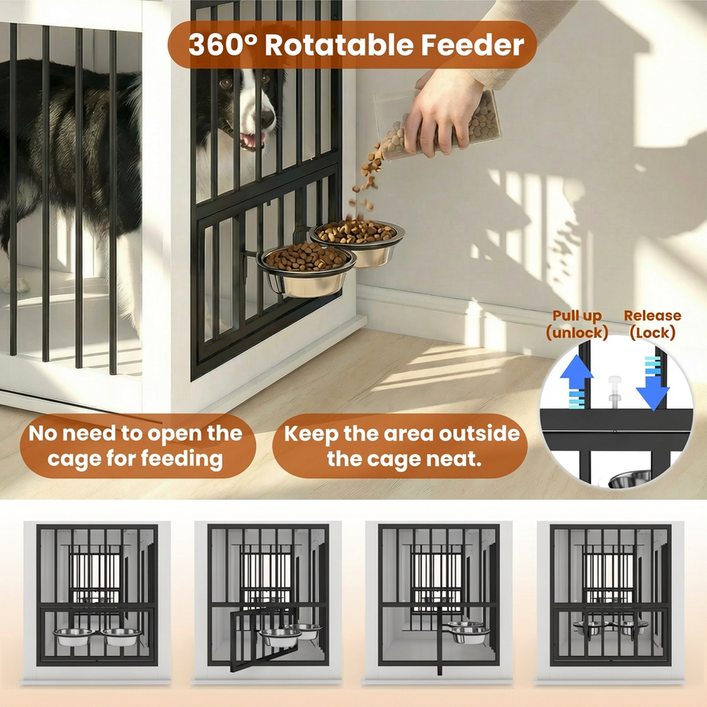 71" Double Dog Crate Furniture with Fluted Drawers, Feeders & Power Station