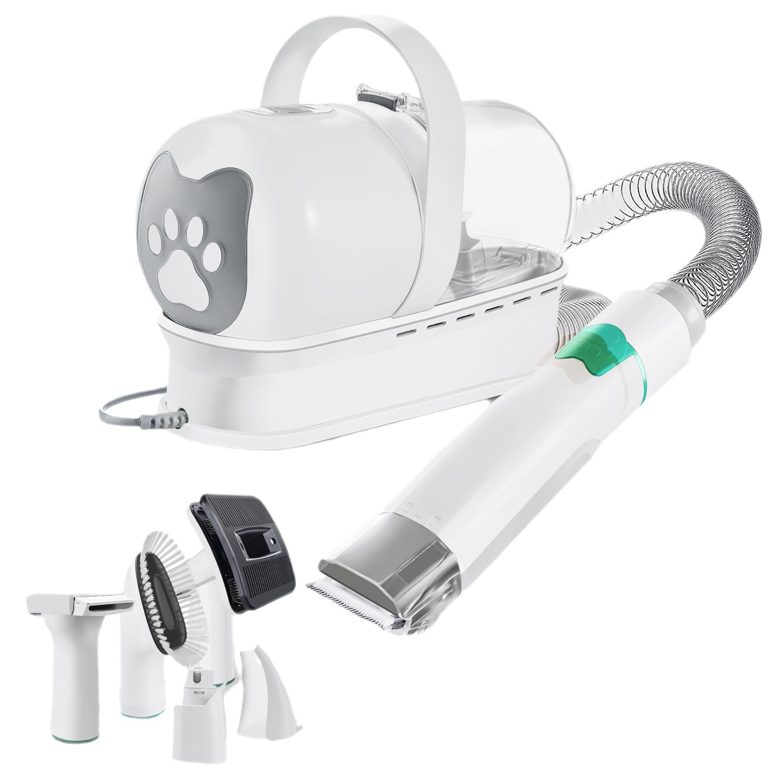 Pet grooming tool set with a white base, brush, and handheld device on a white background.