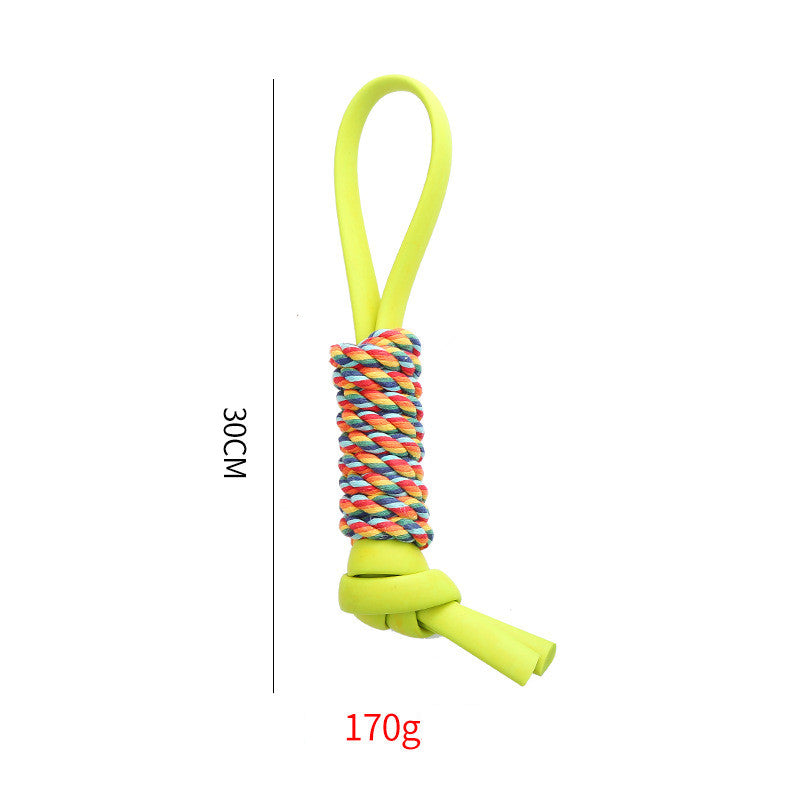 Colorful dog toy with a measurement label on a white background