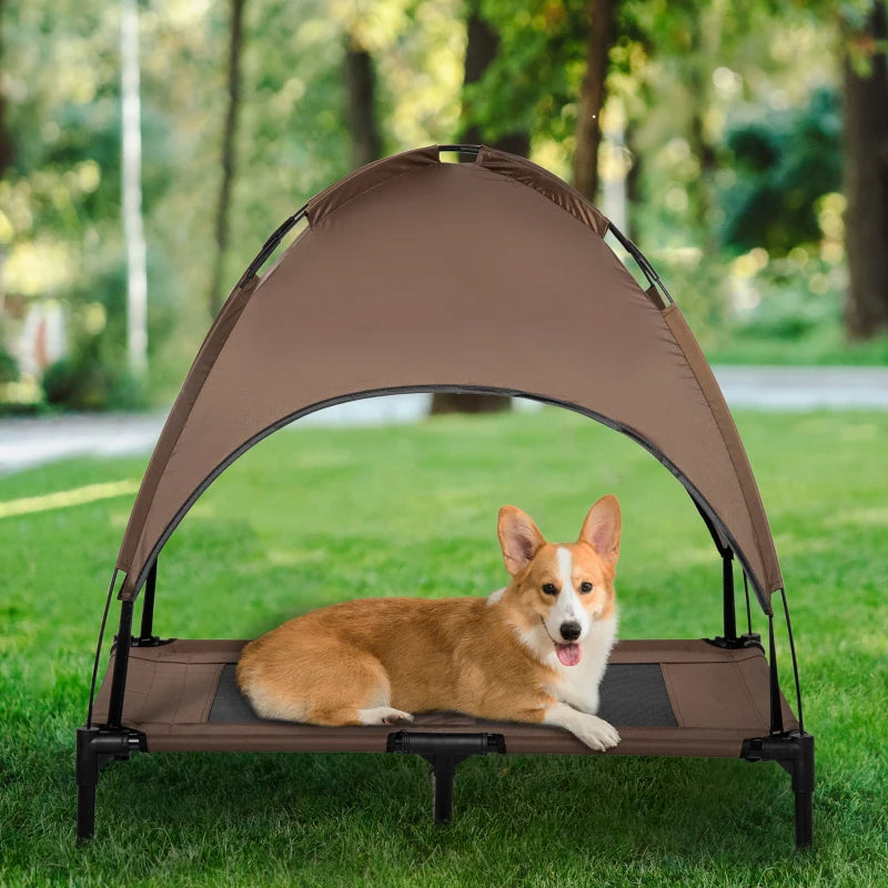 Dog lying on a brown pet canopy bed in a park