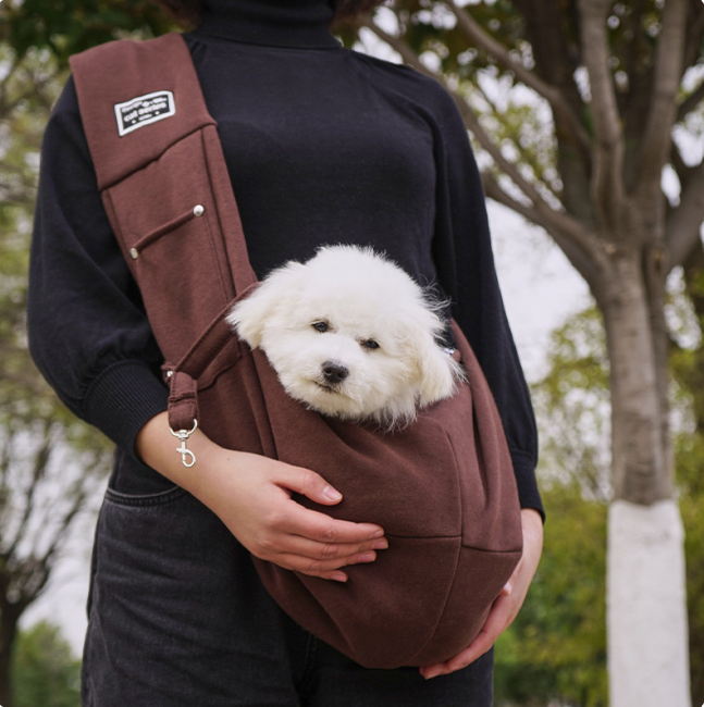 Person holding a small white dog in a brown sling bag outdoors.