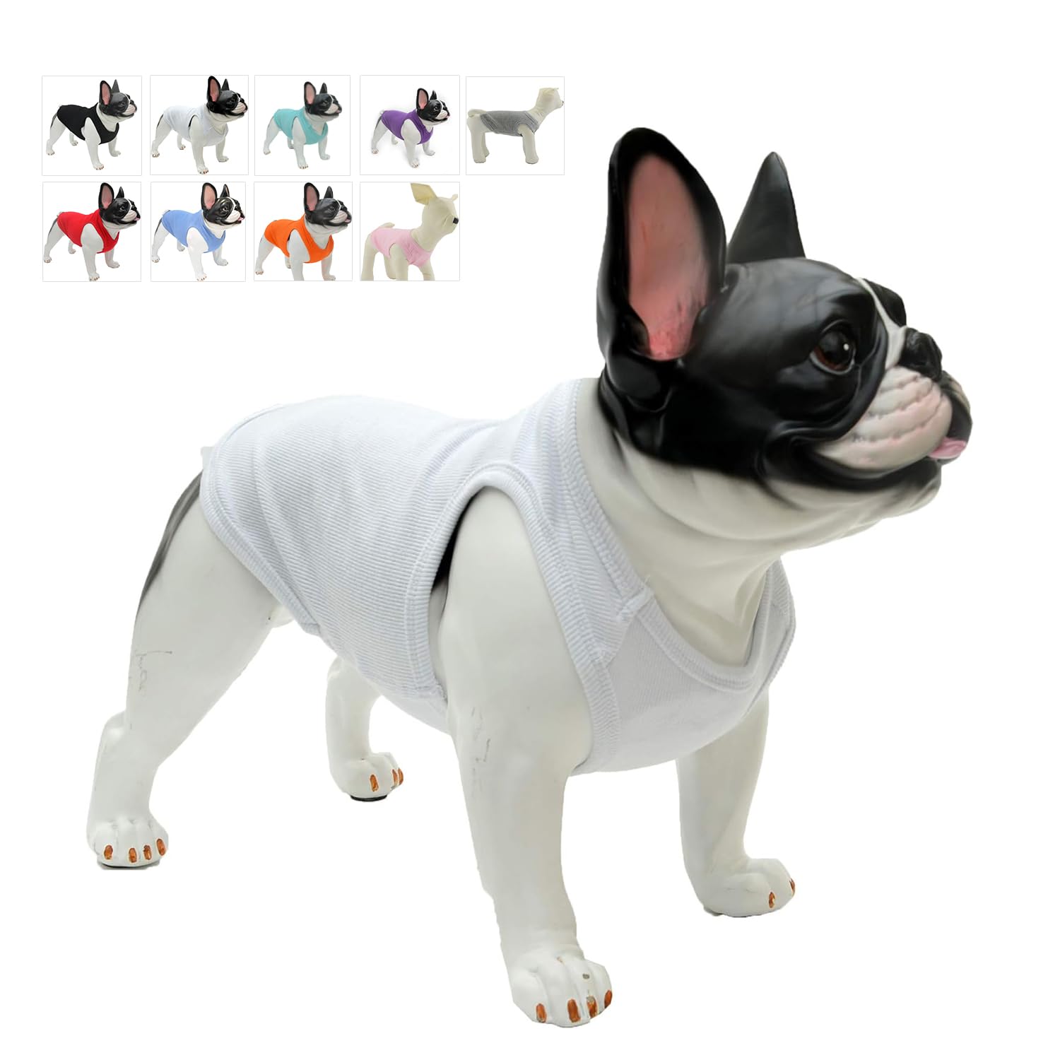 Dog wearing a white shirt with color options displayed in the background