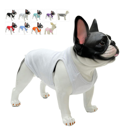 Dog wearing a white shirt with color options displayed in the background