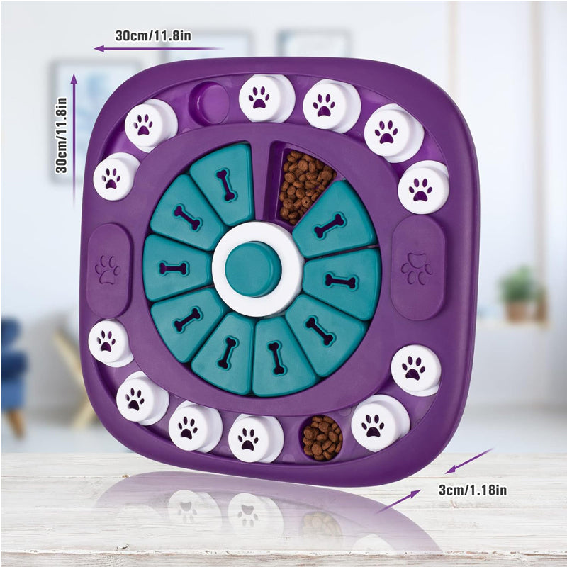 Purple and teal pet puzzle toy with food compartments on a white surface.