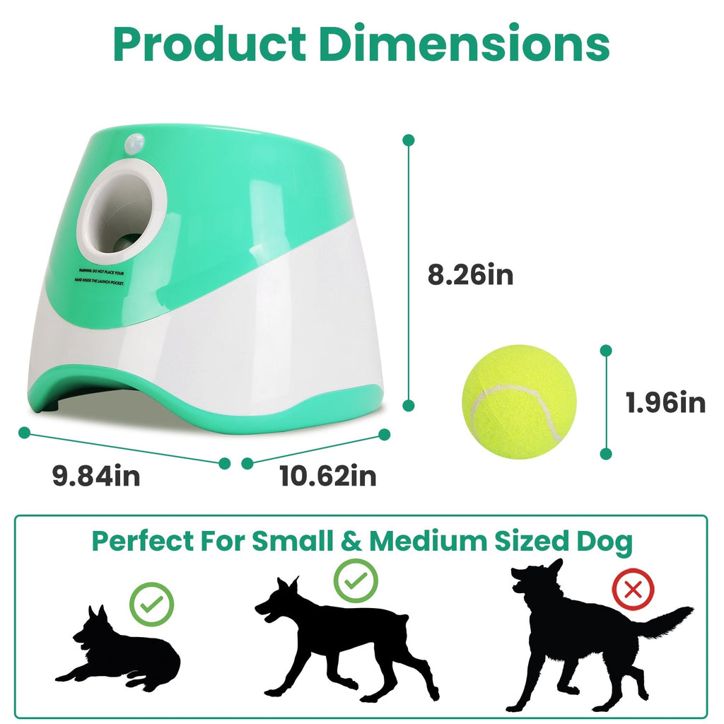 Product dimensions of a green and white pet toy with a tennis ball for scale and size comparison.