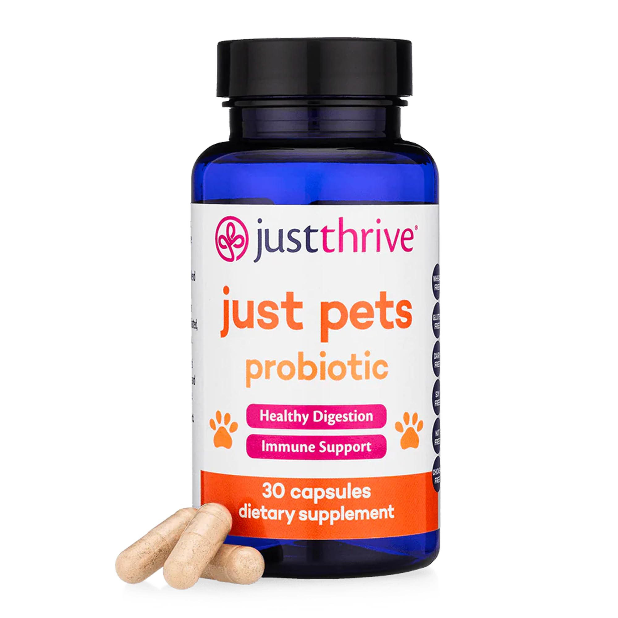 Just Thrive pet probiotic supplement bottle with capsules on a white background