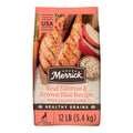 Merrick dog food package with salmon and rice on a white background