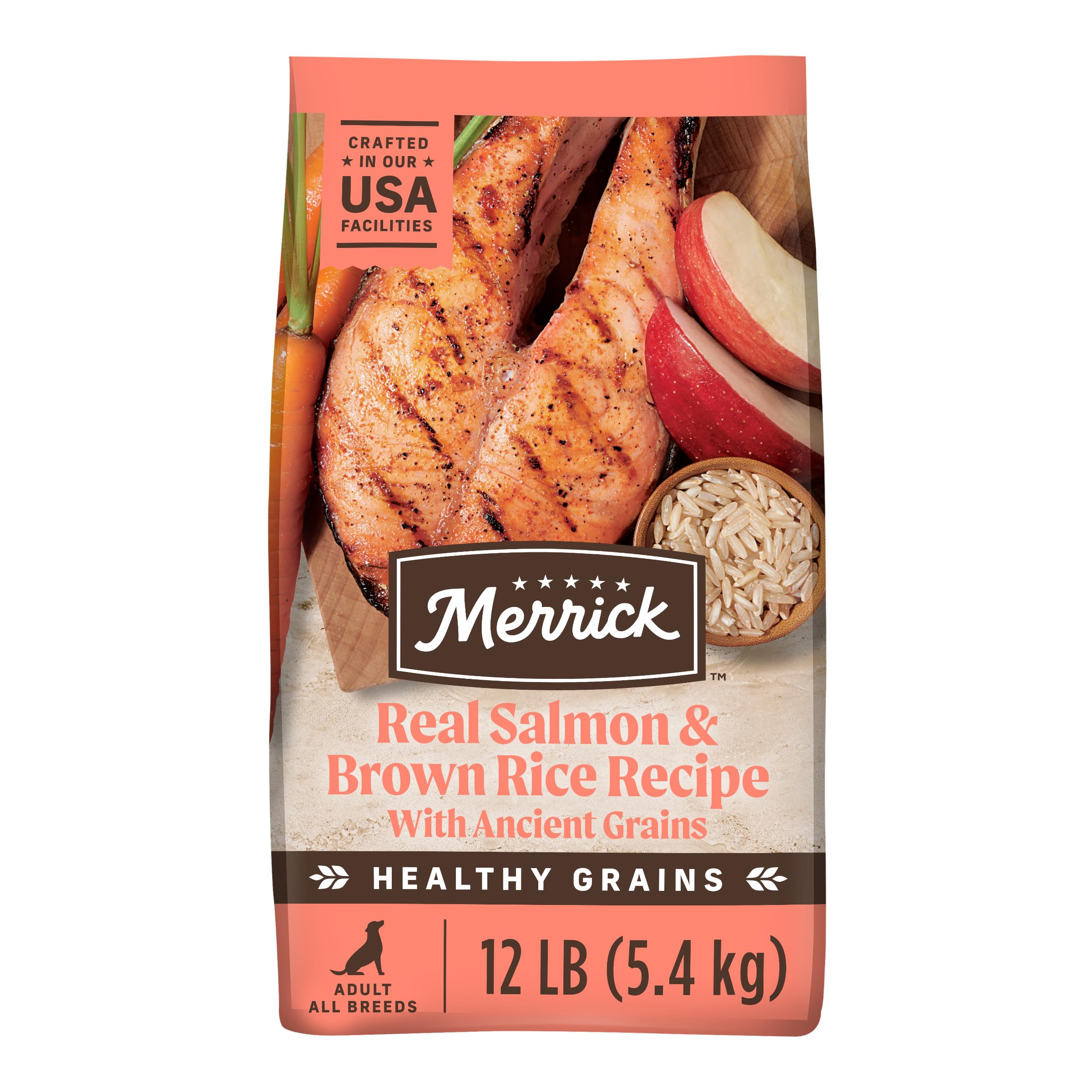 Merrick dog food package with salmon and rice on a white background