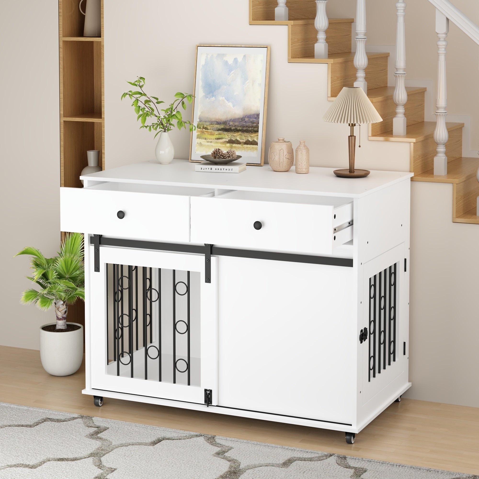 White pet crate with black bars in a room with a staircase and decor items.