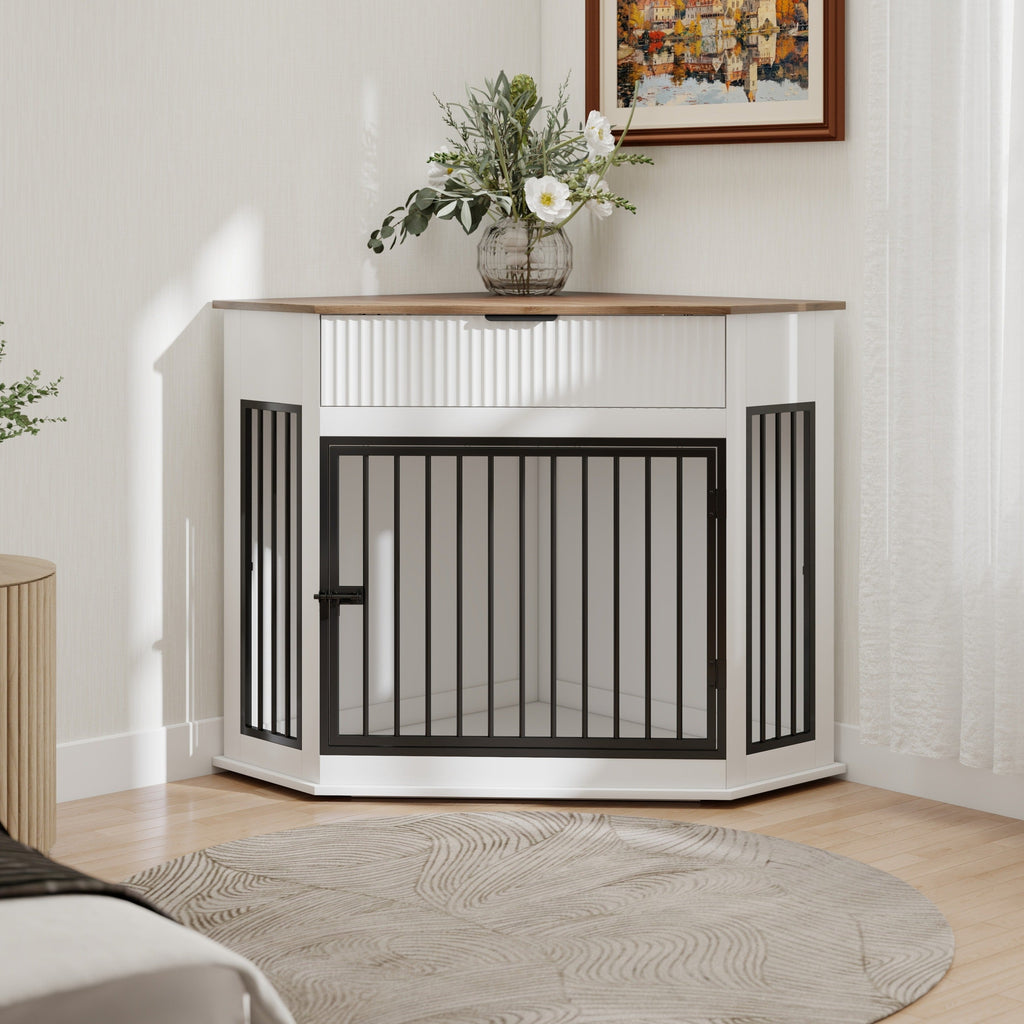 Corner Dog Crate Furniture with Fluted Drawer 