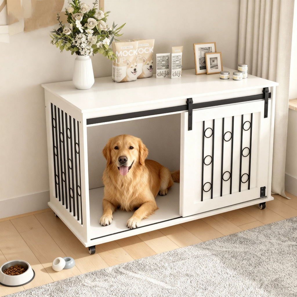 Modern Wooden Dog Crate Furniture with Sliding Barn Door – Indoor Pet Kennel
