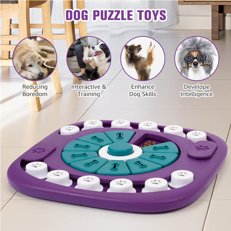 Dog puzzle toy with images of dogs and text on a wooden floor.