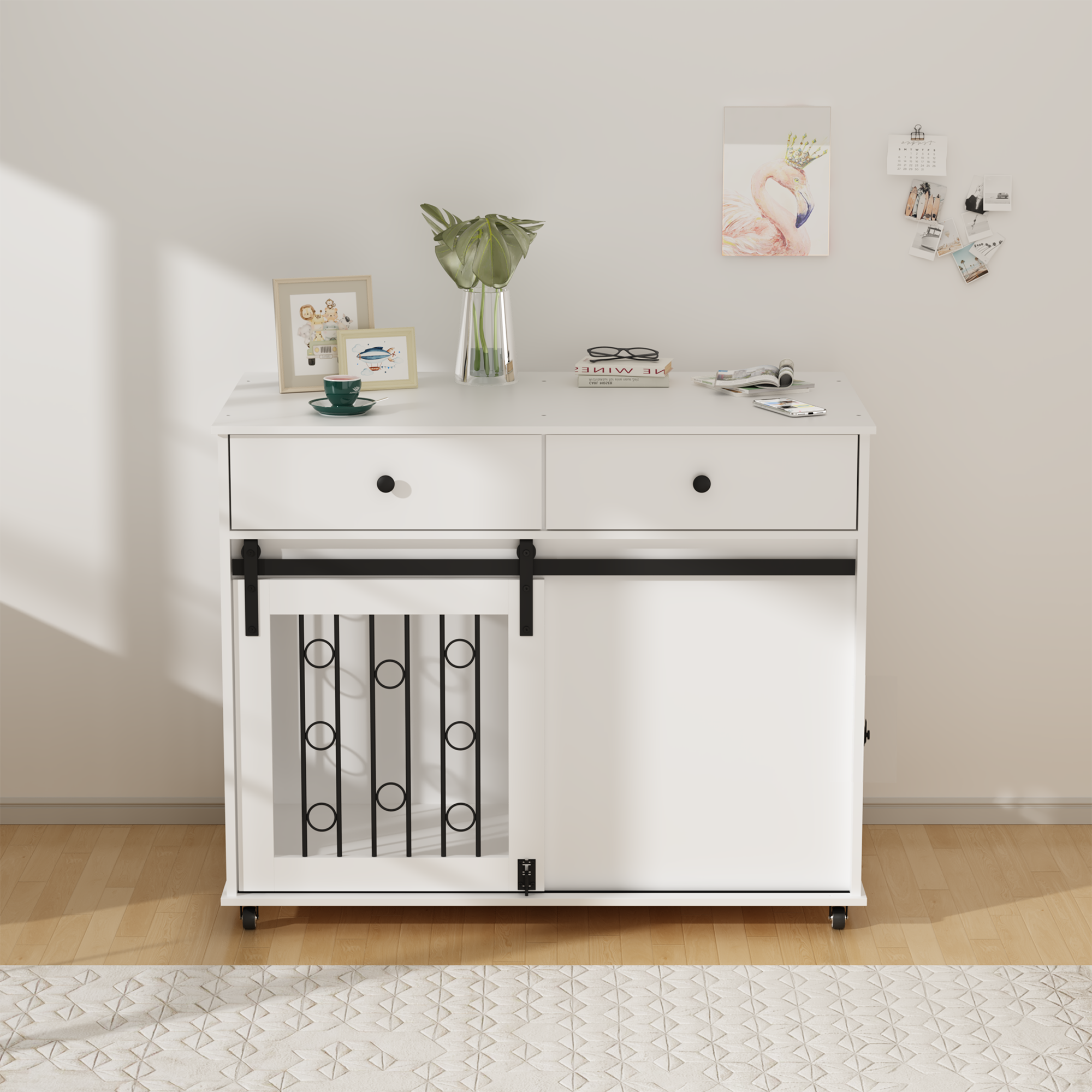 Modern Wooden Dog Crate Furniture with Sliding Barn Door – Indoor Pet Kennel
