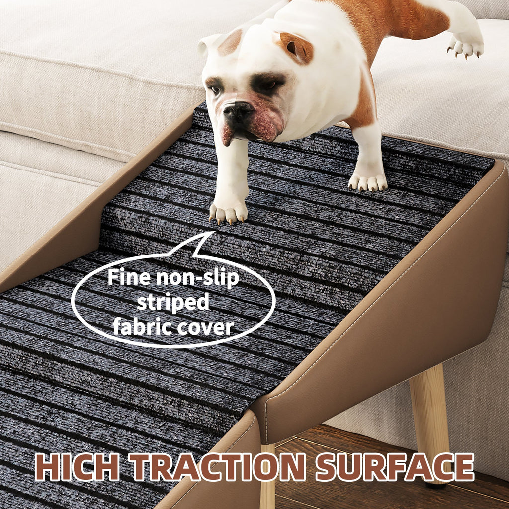 Dog standing on a pet ramp with a non-slip striped fabric cover, labeled 'High Traction Surface'.