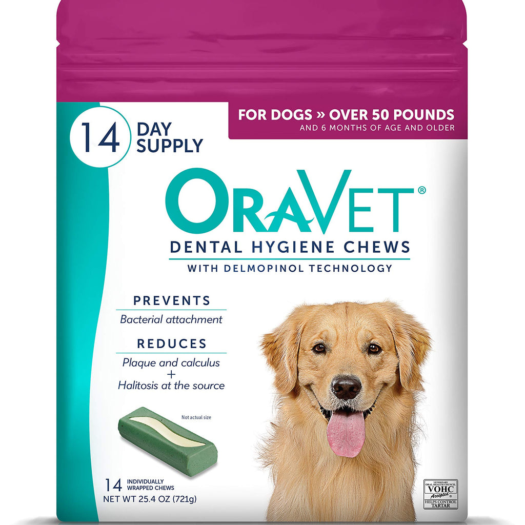 OraVet dental hygiene chews packaging for dogs with a dog on the label.