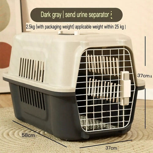 Pet carrier with dimensions and weight information on a neutral background