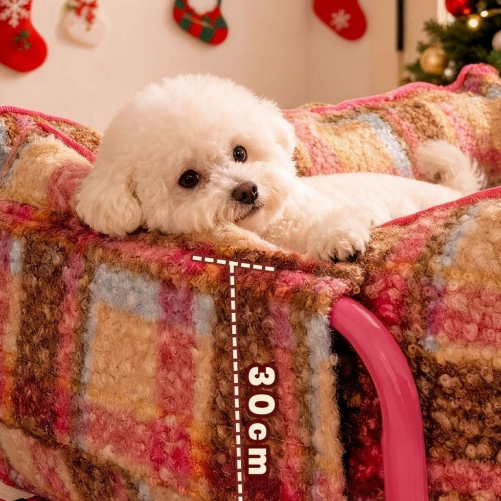 Small white dog lying on a colorful plaid blanket with Christmas stockings in the background.