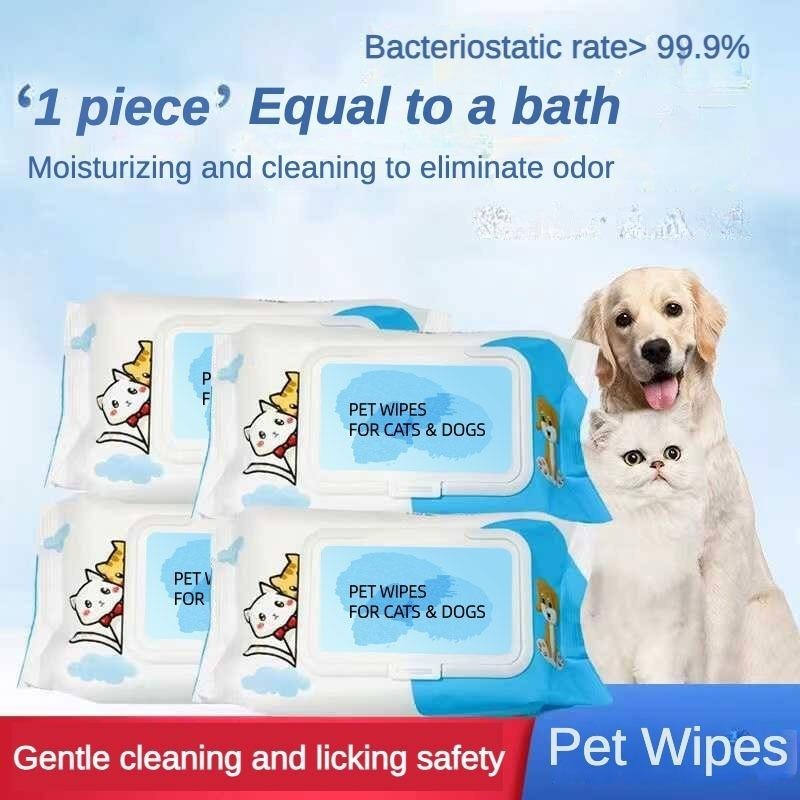 Pet wipes packaging with a dog and cat illustration, and text about bacteriostatic rate and benefits.
