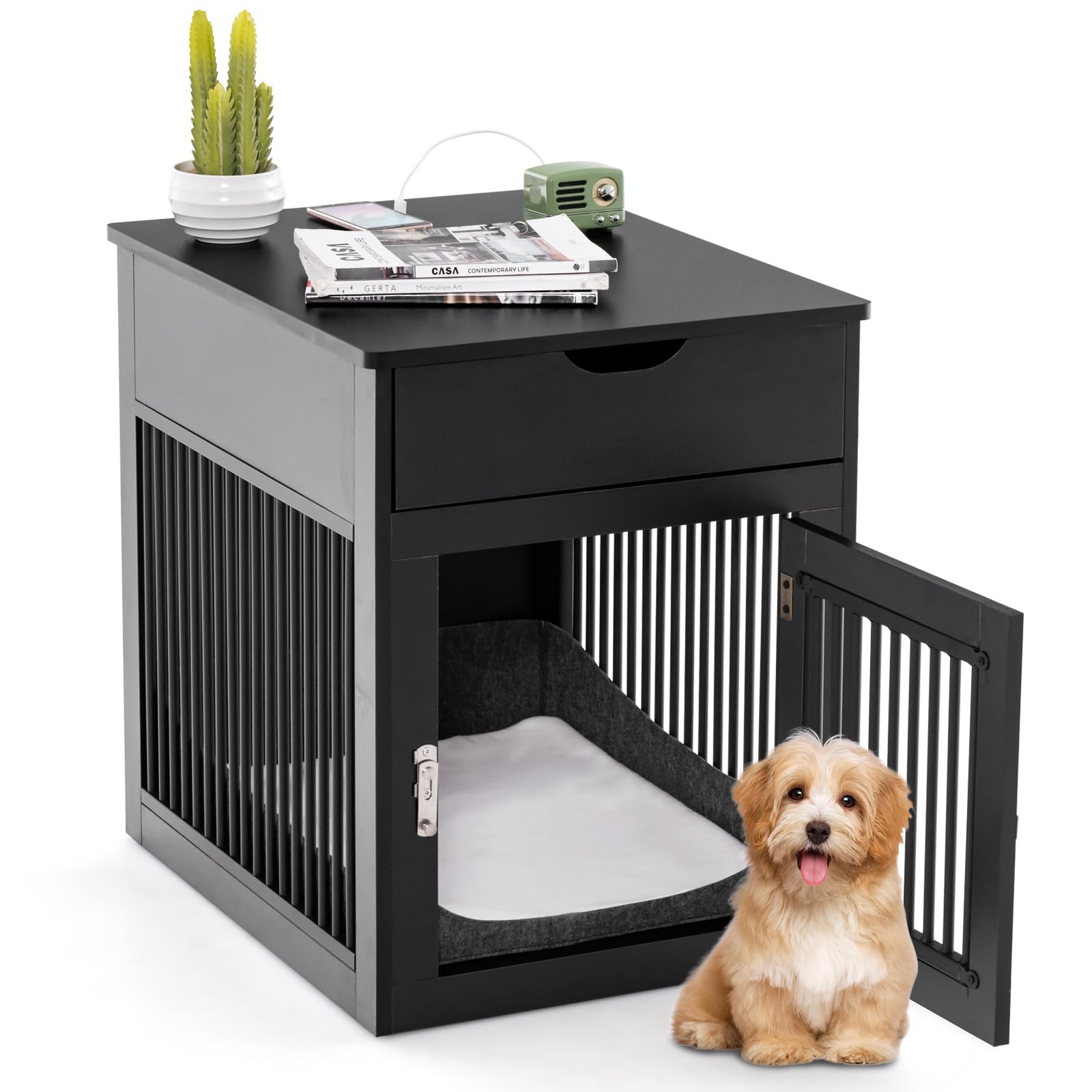 Black pet crate with a dog inside, placed on a white background