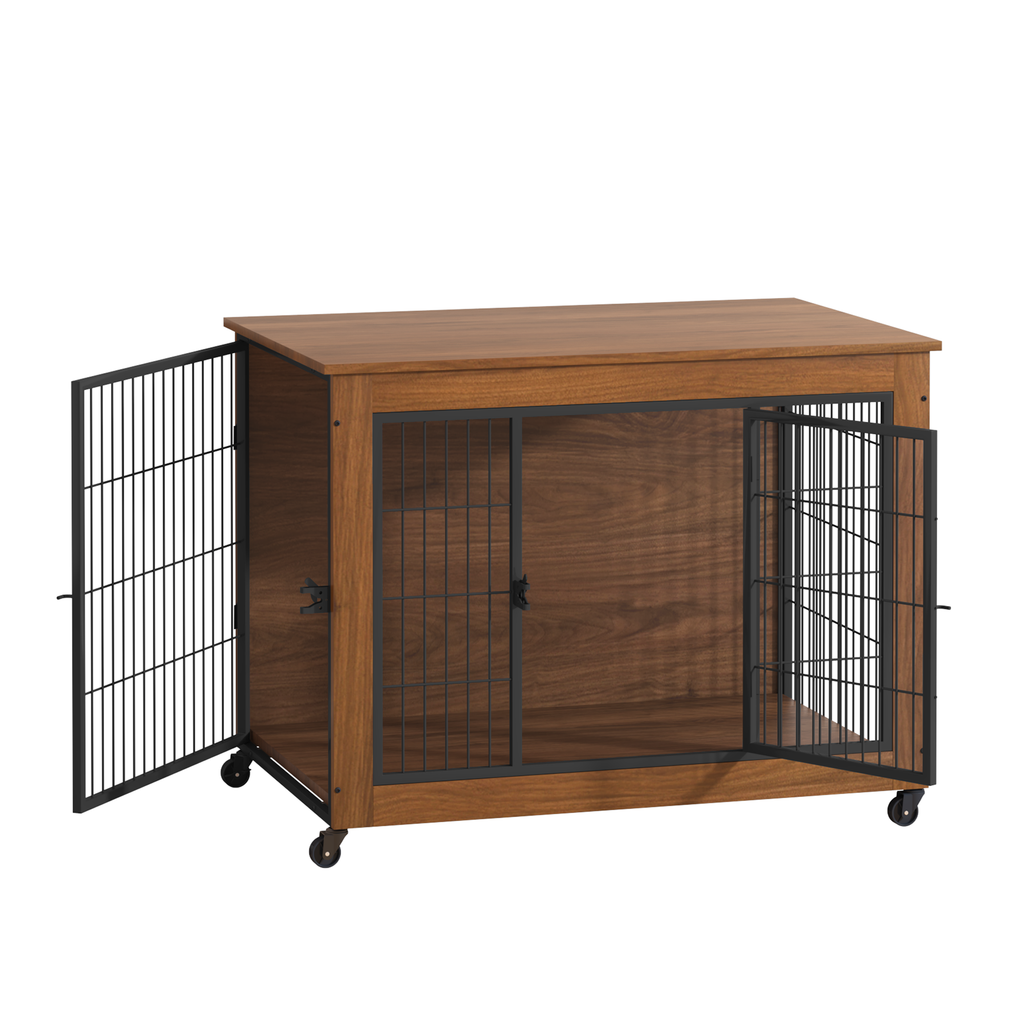 Wooden pet crate with wire doors on a white background
