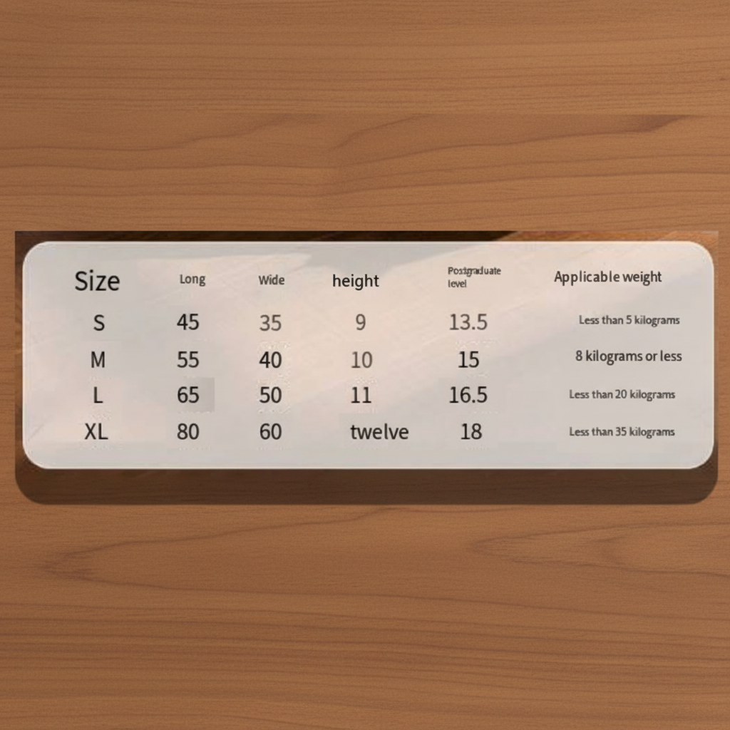 Size chart for bags with dimensions and weight capacities.