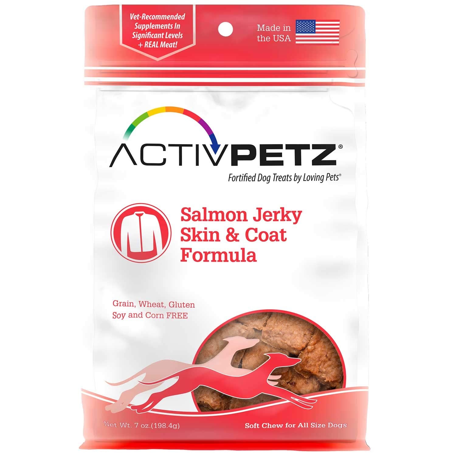 Package of ActivPetz Salmon Jerky Skin & Coat Formula for dogs on a white background