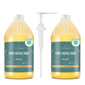 Two bottles of Pure-Castile Soap with a pump on a white background