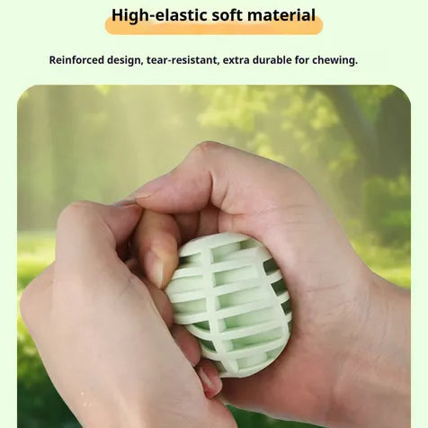 Person holding a textured ball with text about high-elastic soft material and reinforced design.