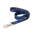 Blue dog leash with colorful pattern and 'Lucy & Co' logo on a white background