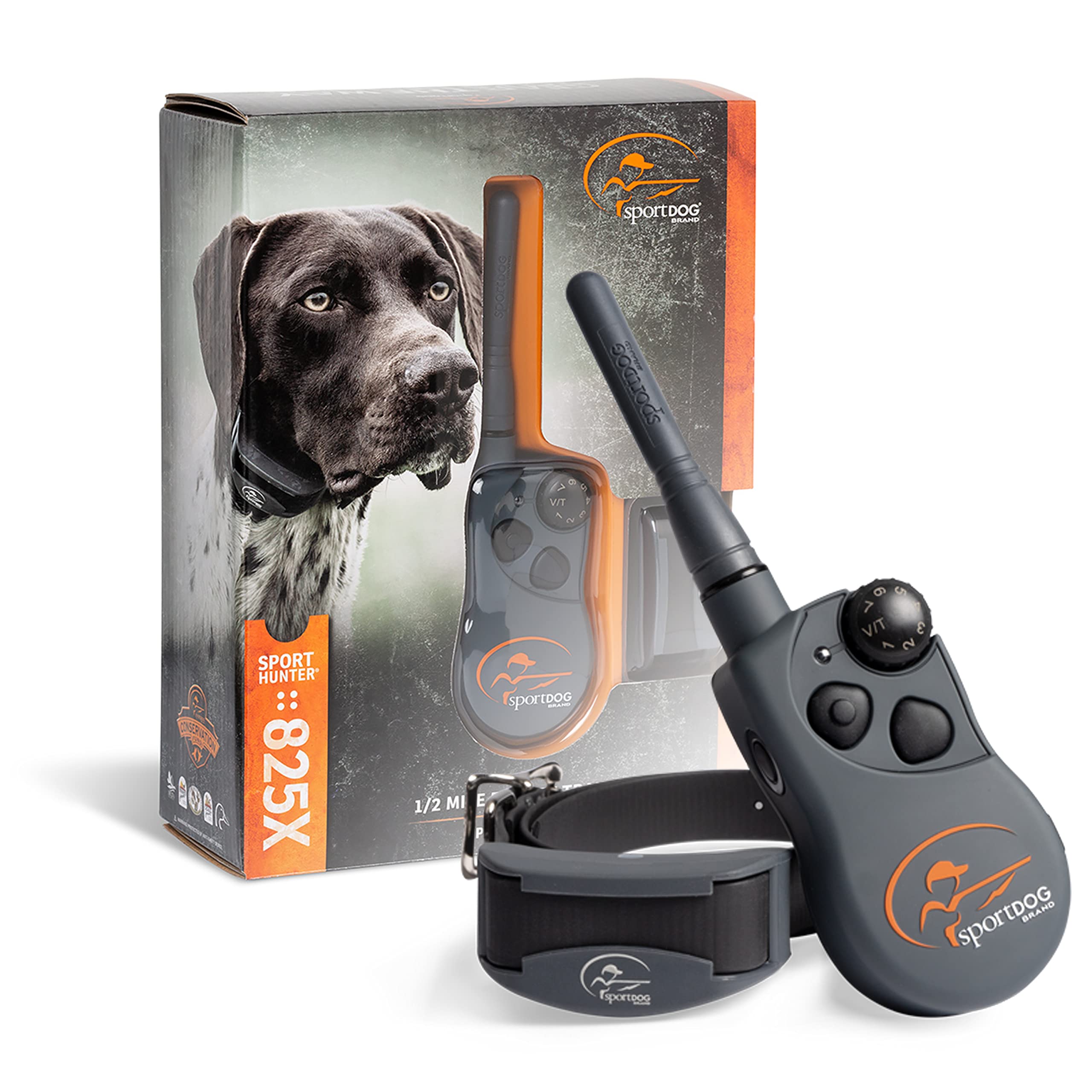 Dog training device set with packaging featuring a dog's face, including a remote and collar.