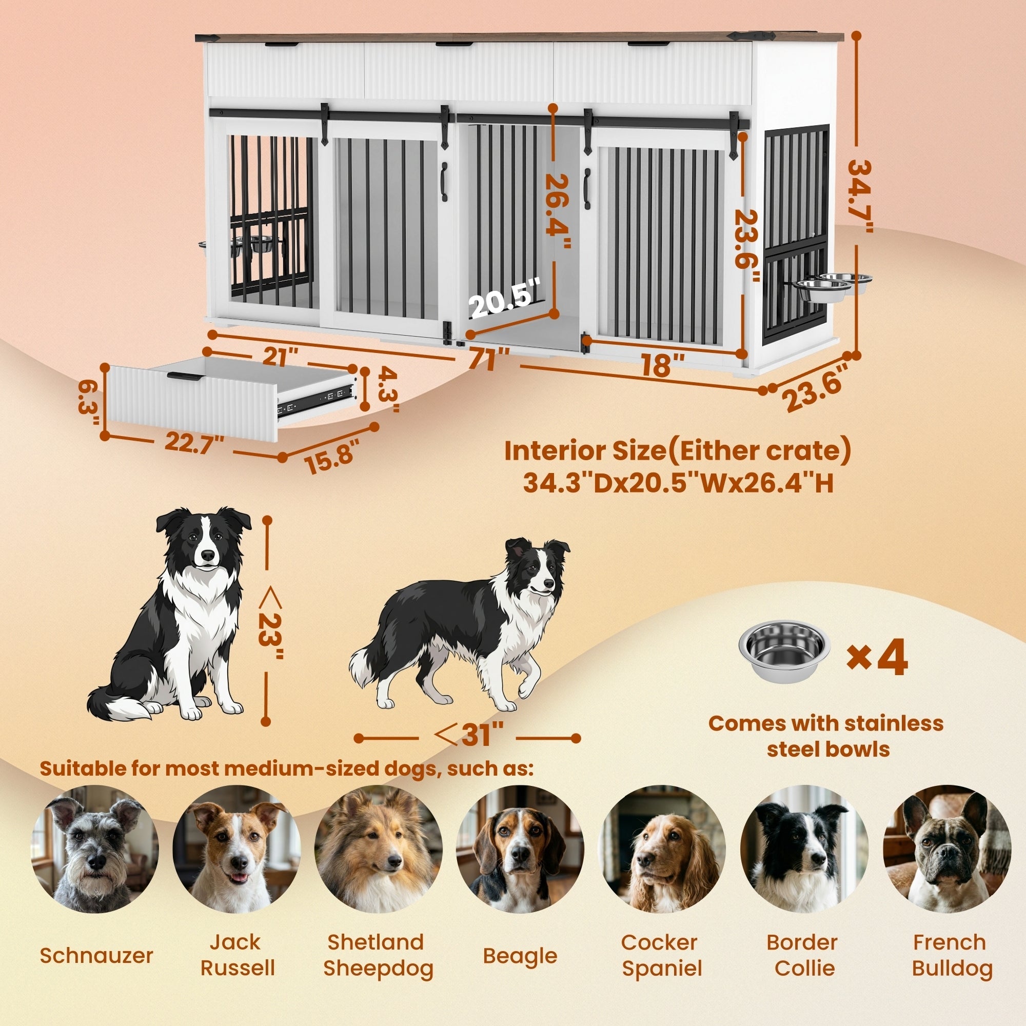 71" Double Dog Crate Furniture with Fluted Drawers, Feeders & Power Station