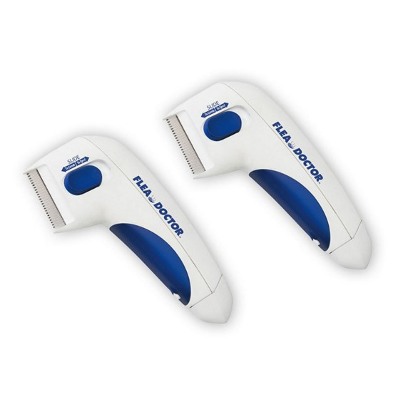 Two white and blue pet grooming tools with 'Flea Doctor' branding on a white background.