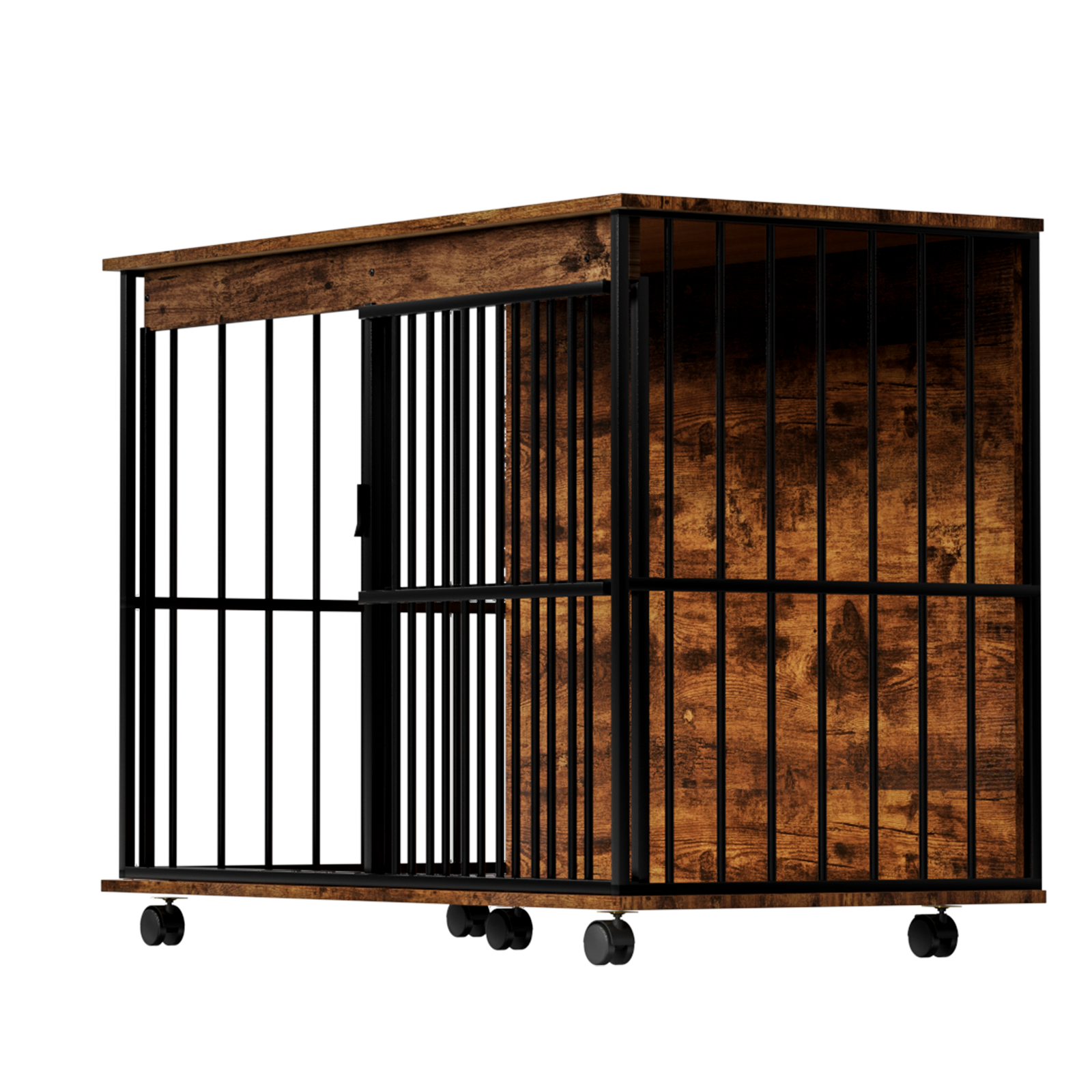 Wooden storage unit with metal bars on a white background