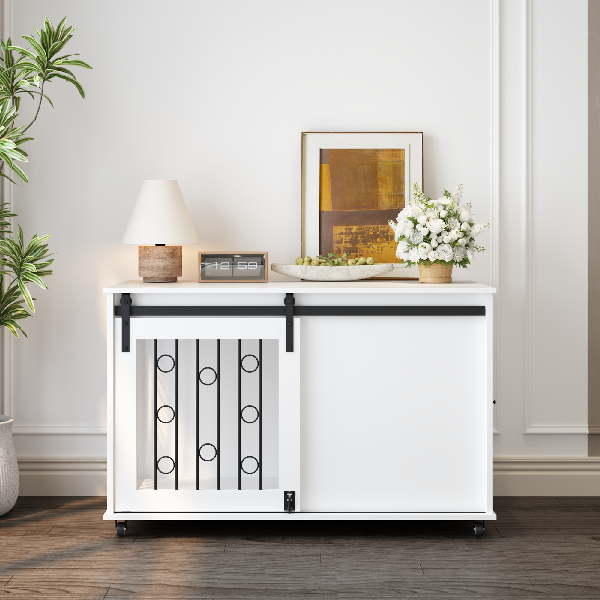 Modern Wooden Dog Crate Furniture with Sliding Barn Door – Indoor Pet Kennel