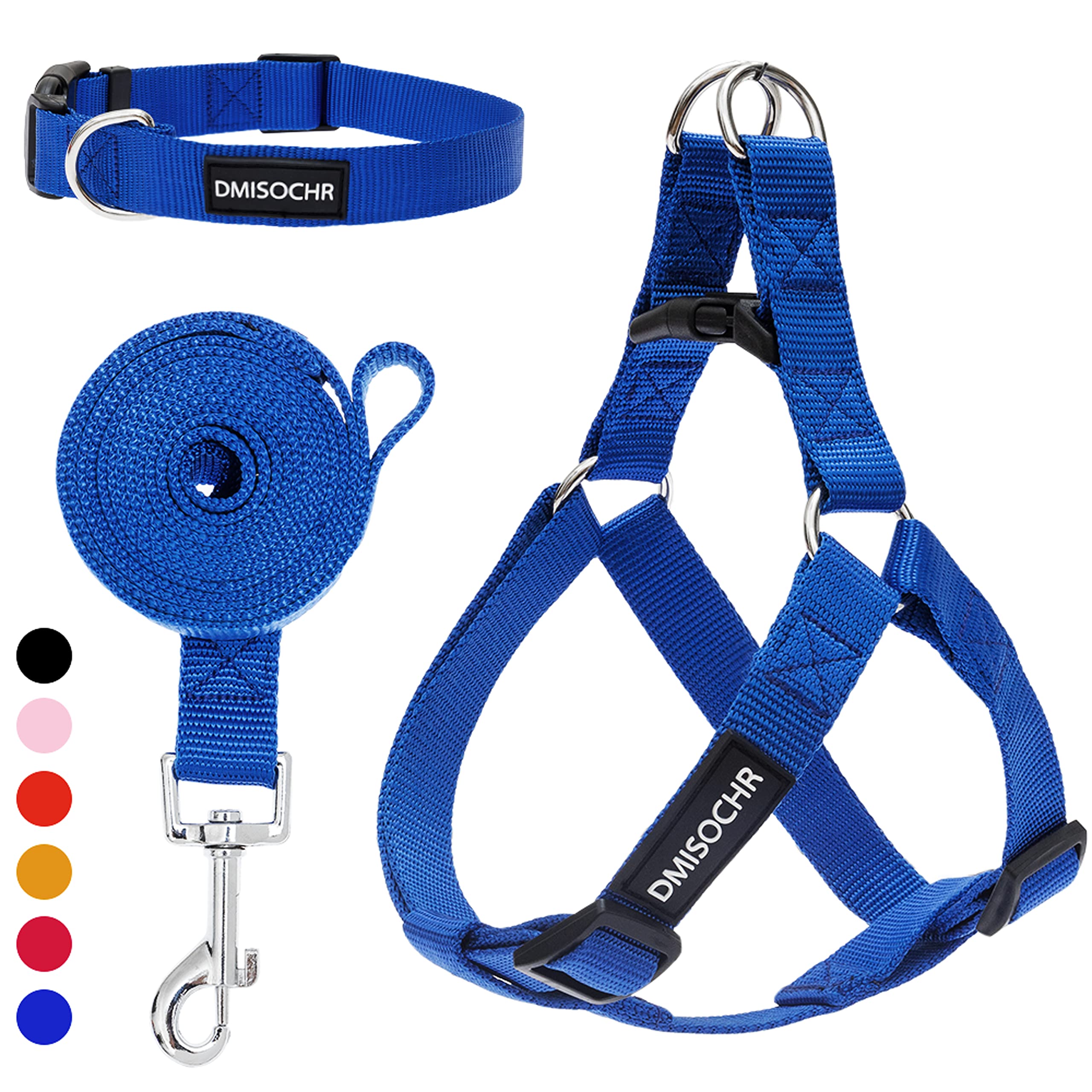 Blue dog collar, harness, and leash set with DMIsochr branding on a white background.