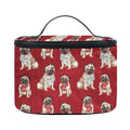 Cosmetic bag with pug dog pattern on a red background
