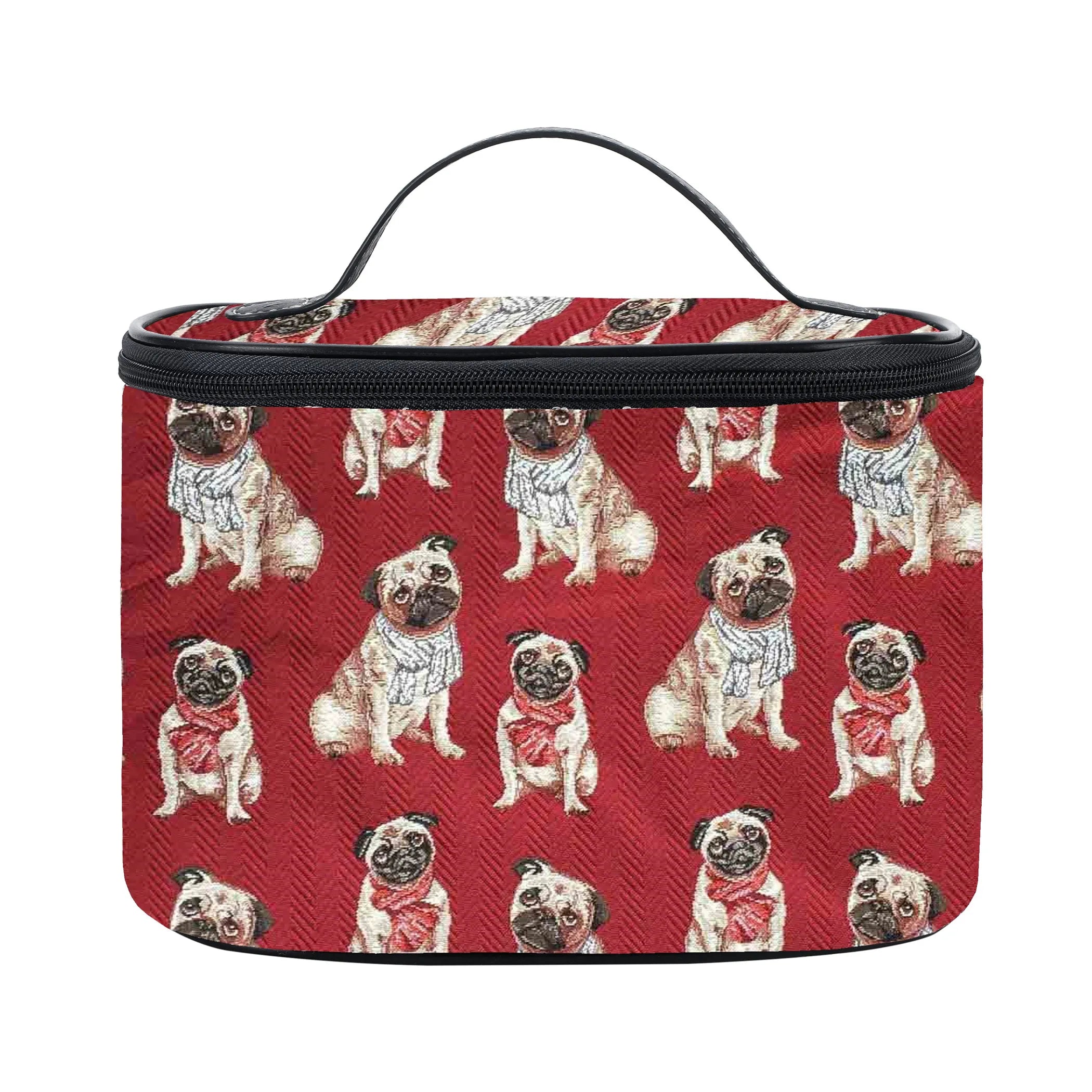 Cosmetic bag with pug dog pattern on a red background