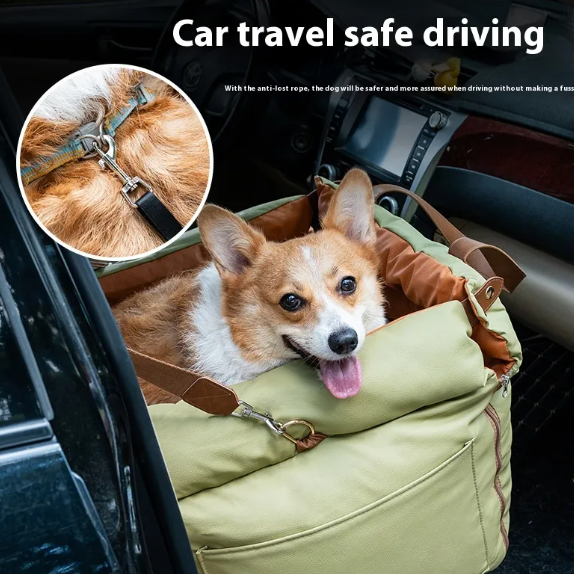 Dog in a car seat with an anti-lost rope, text 'Car travel safe driving'.