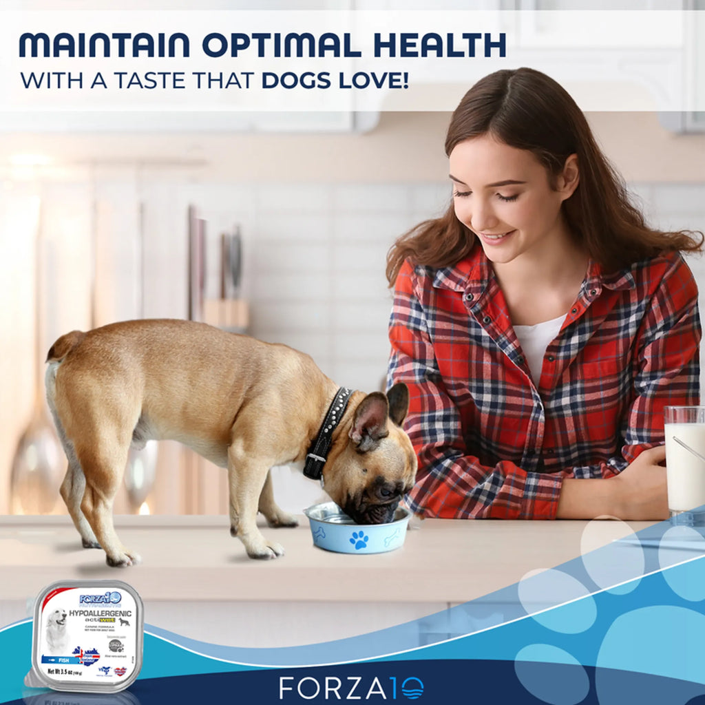 Woman and dog eating from a bowl with 'Forza10' product packaging in the foreground.