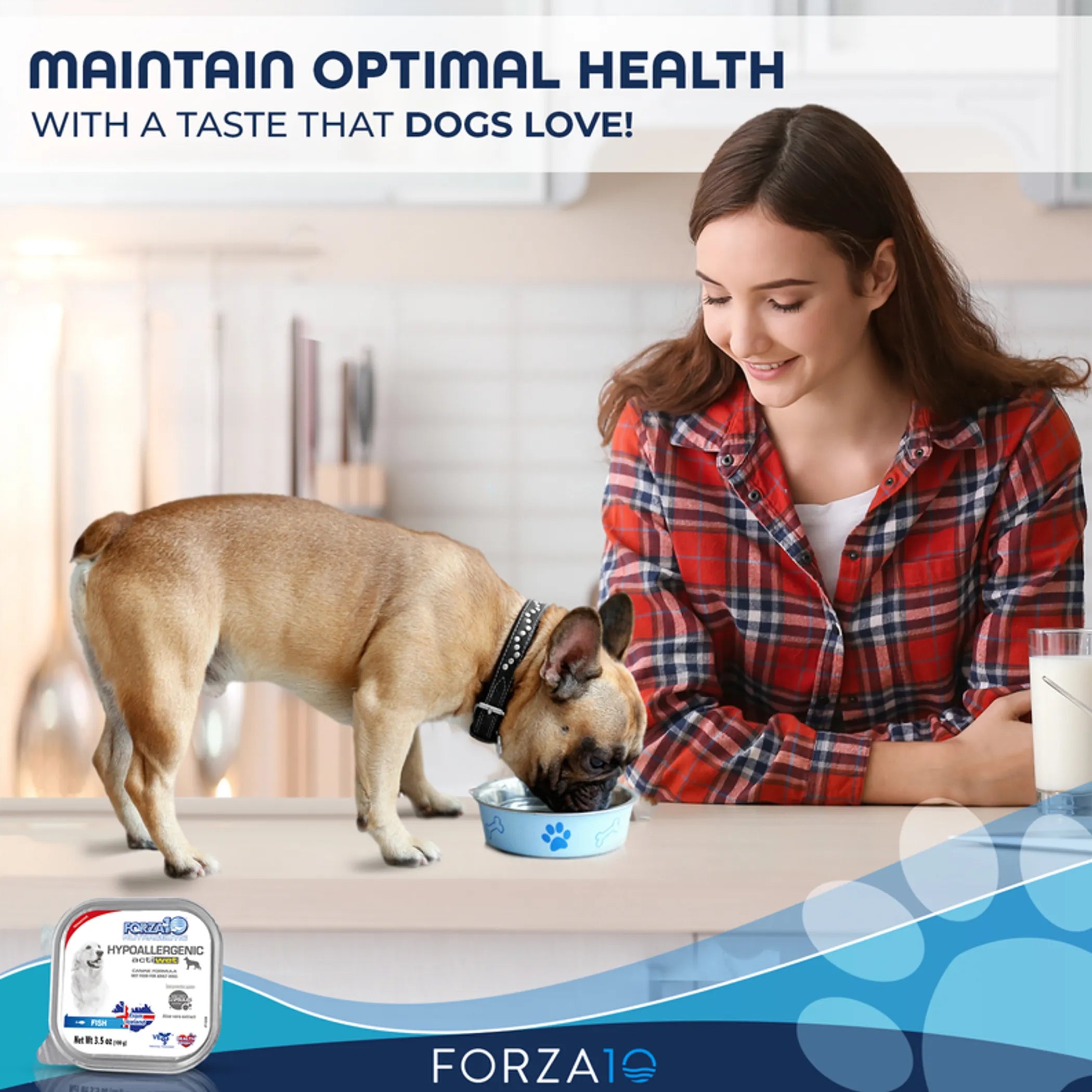 Woman and dog eating from a bowl with 'Forza10' product packaging in the foreground.