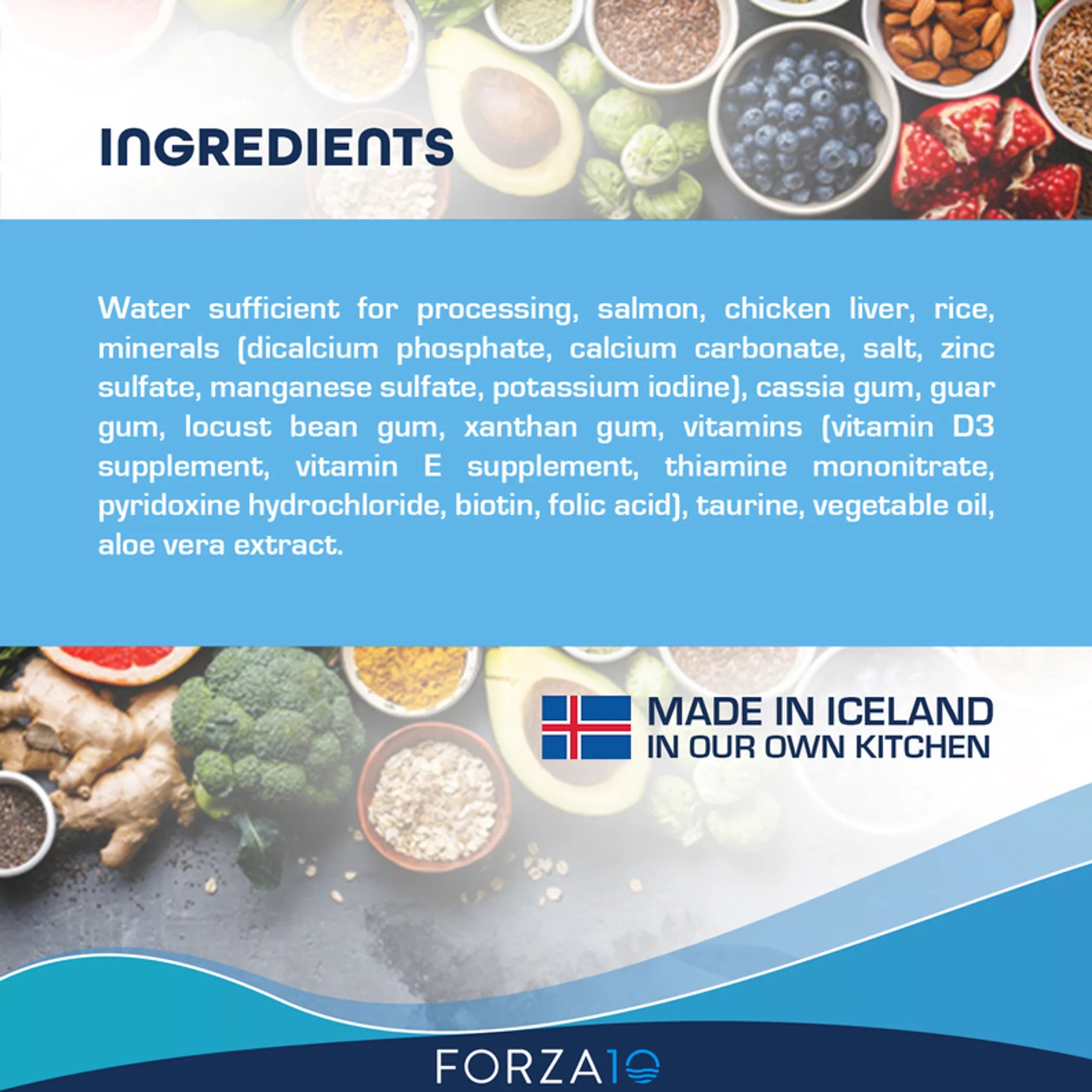 Ingredients list with food items and branding for FORZA10 on a blue background