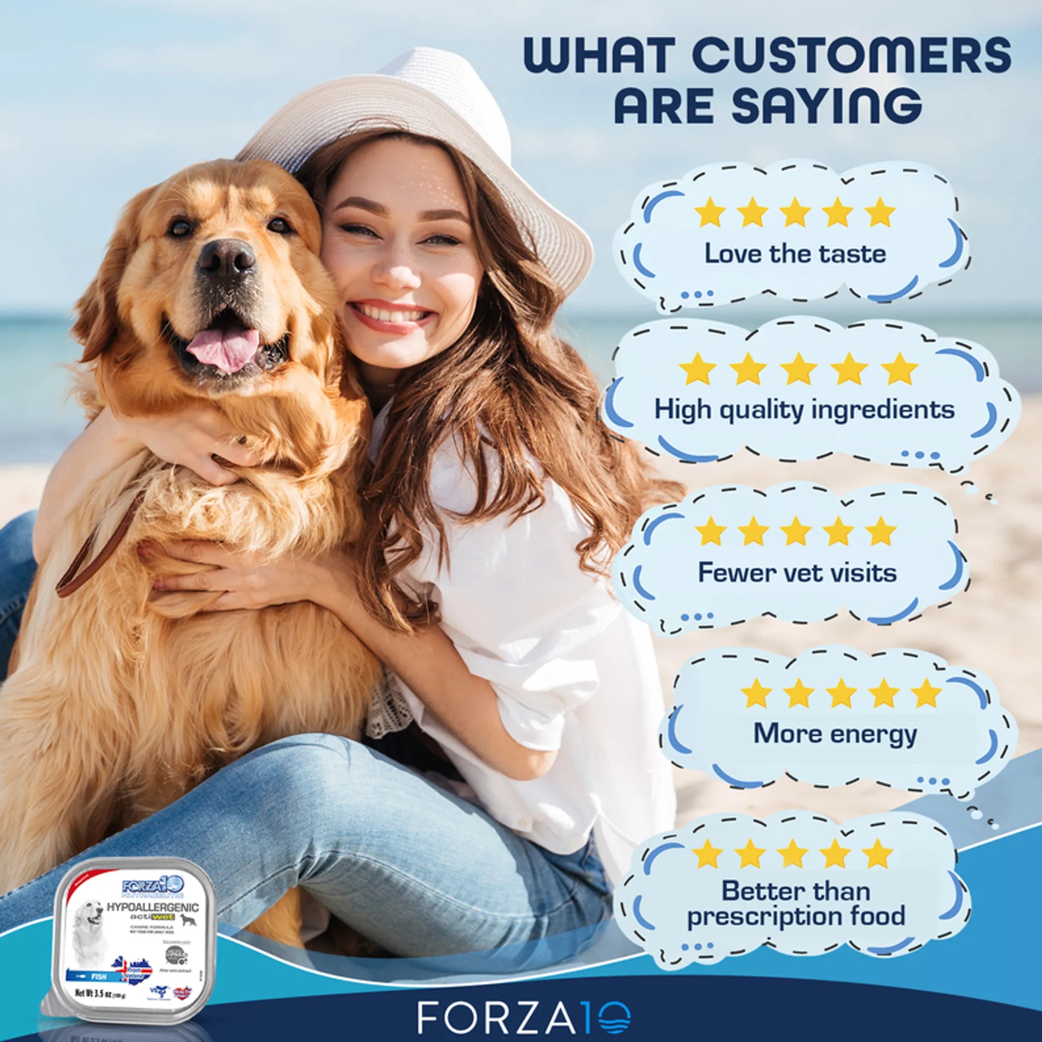 Woman with a dog sitting by the ocean, surrounded by positive customer reviews for FORZA10 pet food.