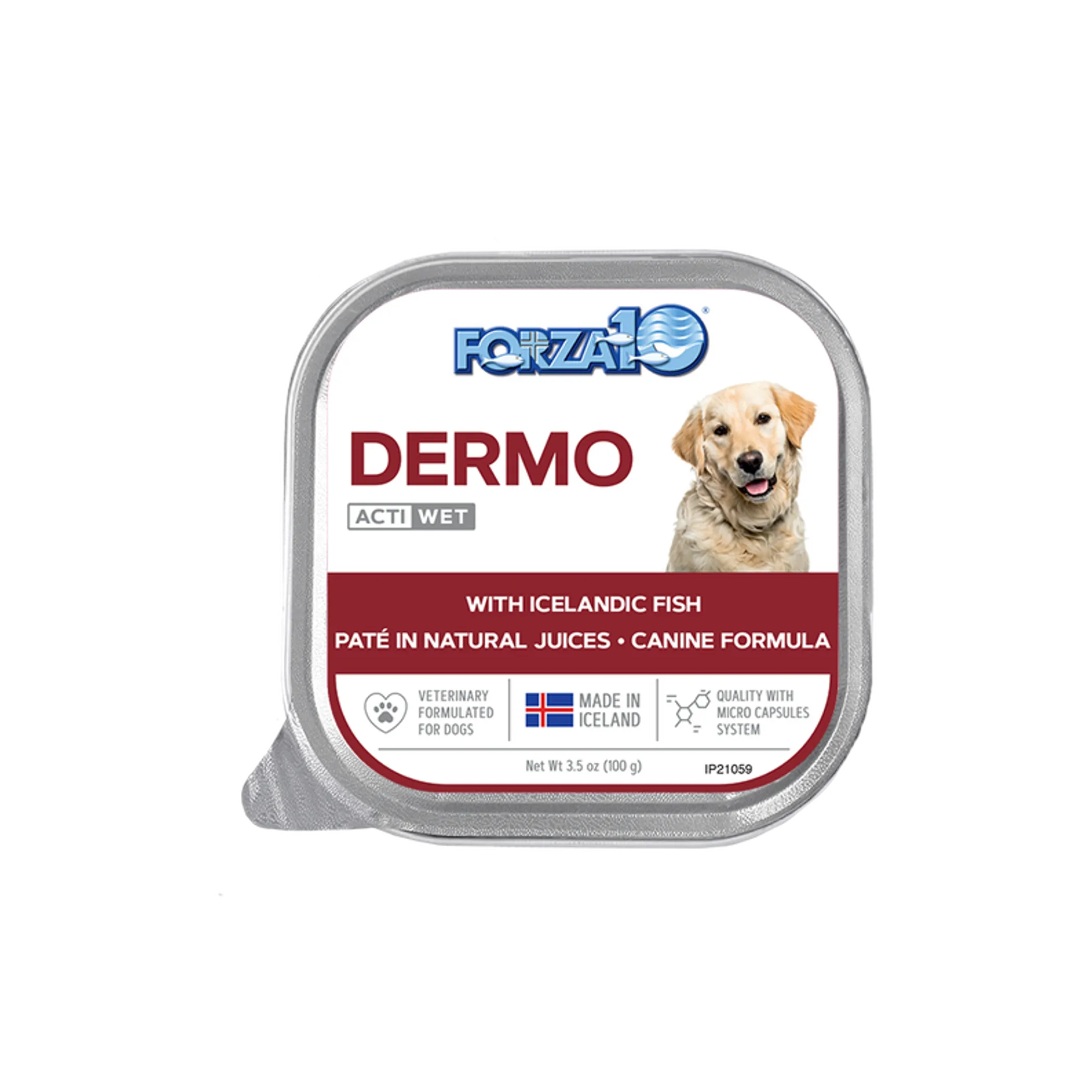 Forza10 Dermo wet dog food packaging with a dog illustration on a white background