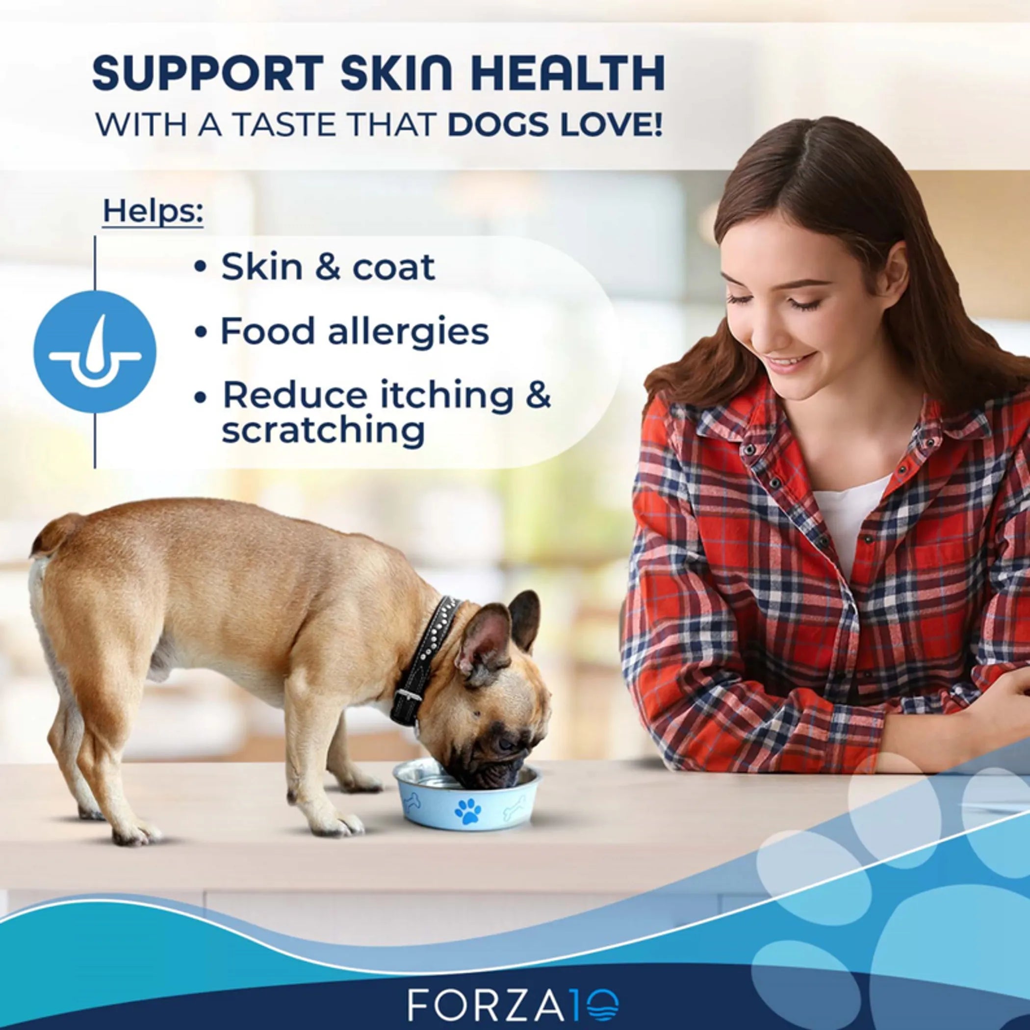 Woman feeding a dog from a bowl with text about supporting skin health and FORZA10 branding.