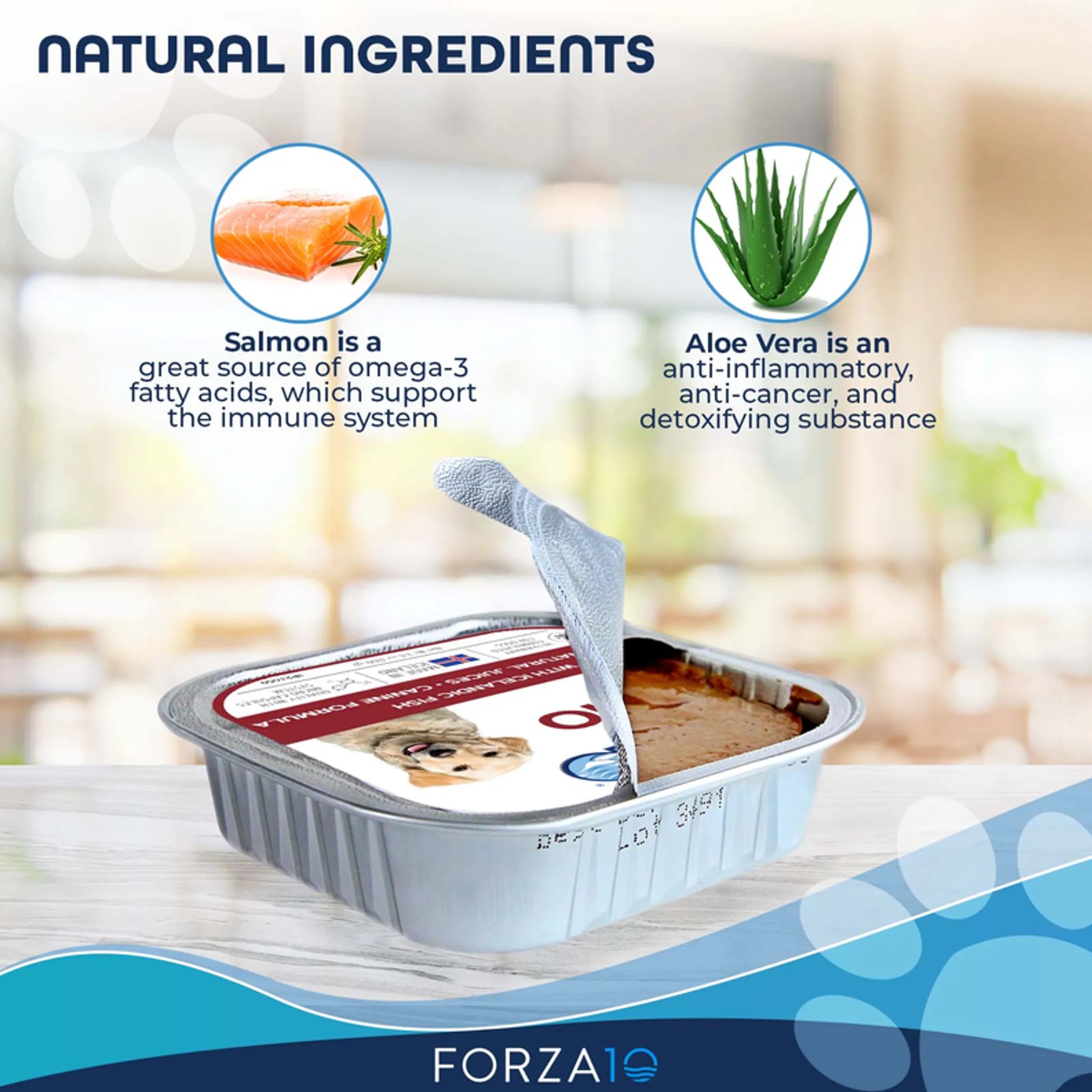 Forza10 Dermo wet dog food packaging with a dog illustration on a white background