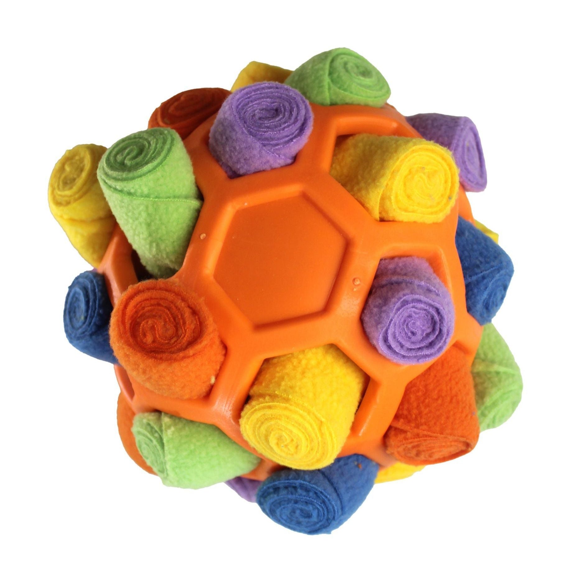 Colorful textured ball with orange center and multicolored outer layers on a white background