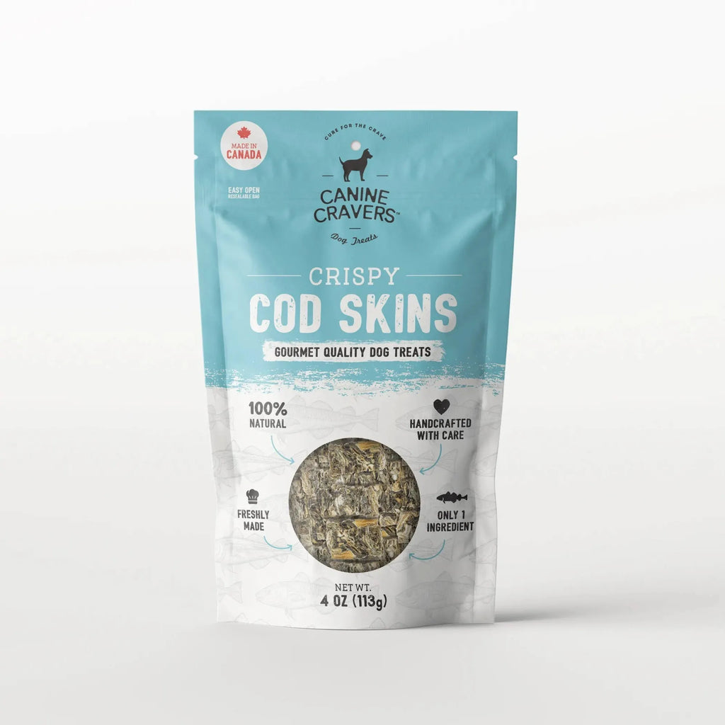 "Canine Cravers Crispy Cod Skins Gourmet Quality Dog Treats - 100% Natural, Handcrafted, Single Ingredient - 4 oz (113g) bag"